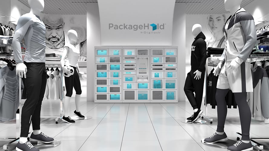 Sports retail store with PackageHold locker